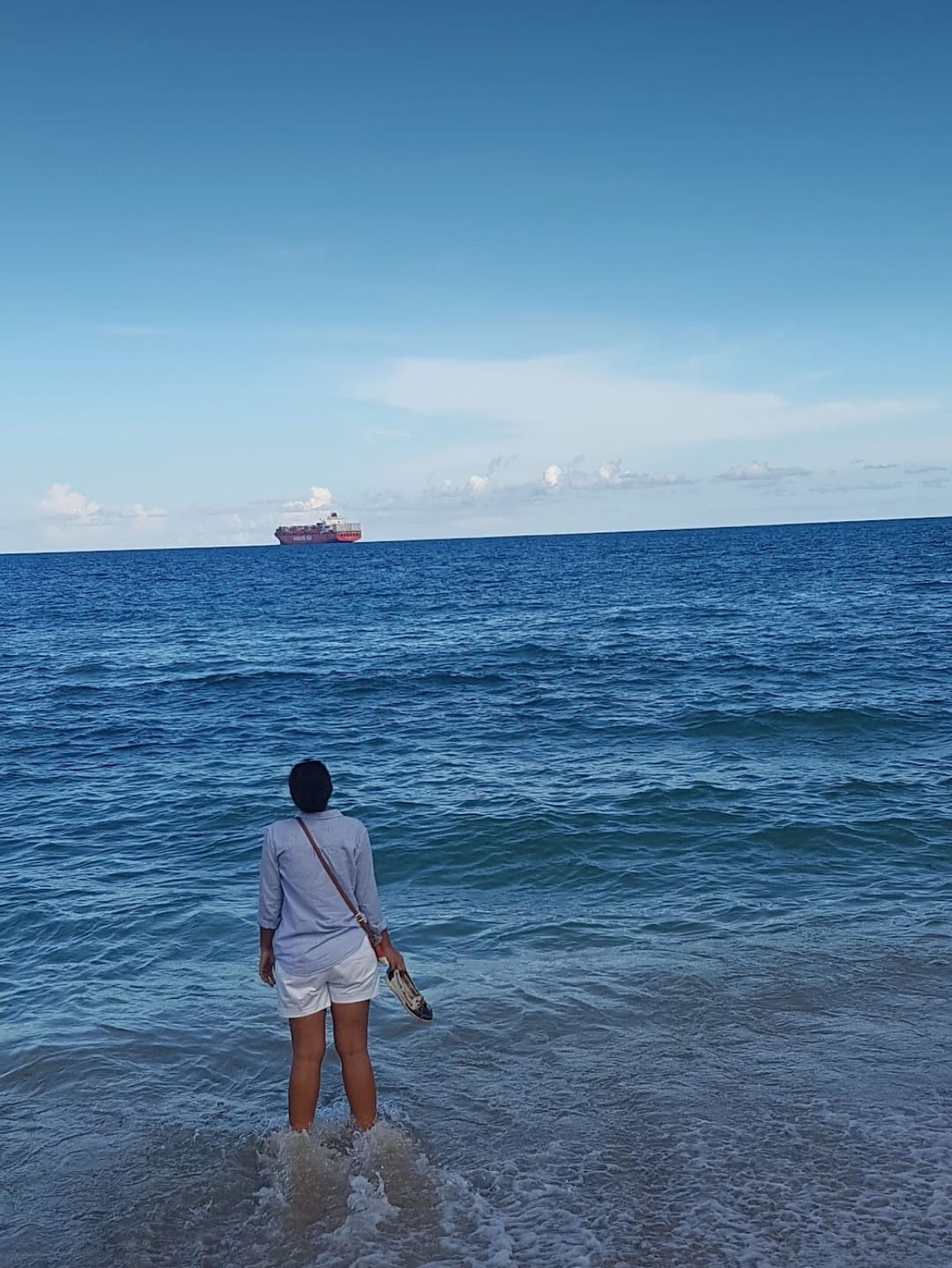 The founder of Elara Hills, walking into the Caribbean Sea